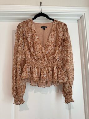 Express Tan Floral Wrap Peplum Blouse